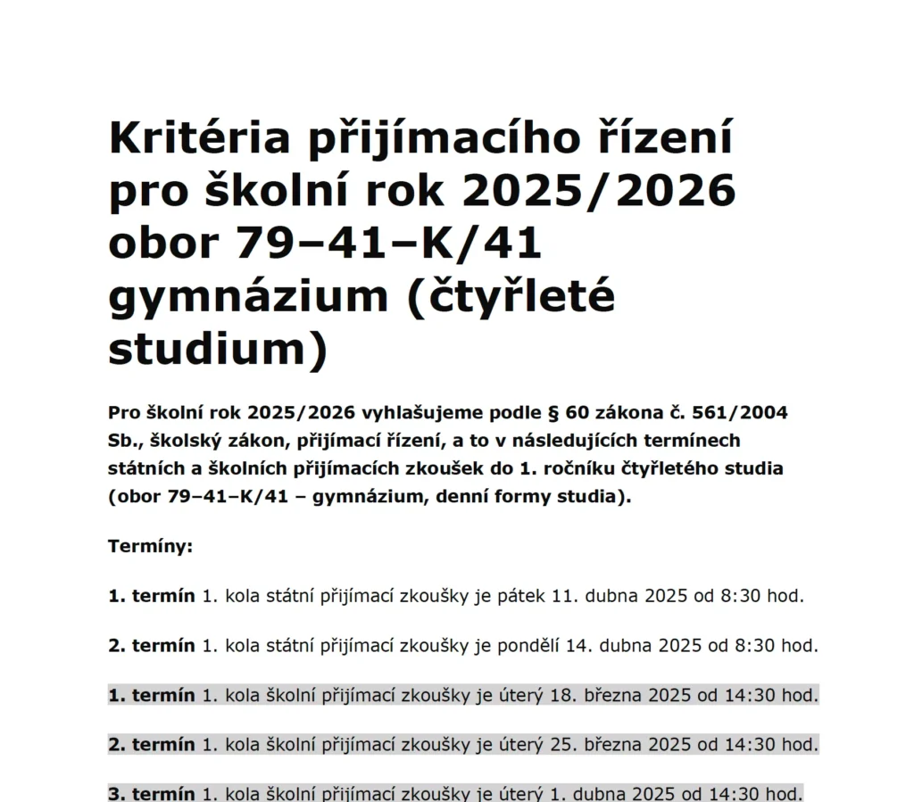 printscreen kritéria přijímacího řízení Victoria high school